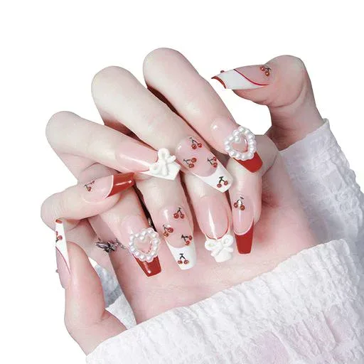 手作り ネイルチップ フレンチネイル 結晶 ハート柄 量産型 可愛 花 3D ズ ネイルチップ チェリー 付け爪 (M)