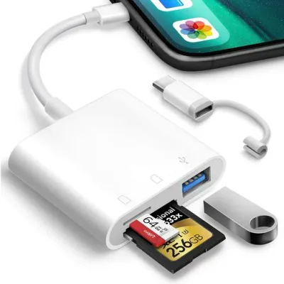 Oyuiasle SDカードリーダー for iPhone/Mac、 3-in-1 デュアルスロット & USBポート メモリーカードアダプタ、デュアルコネクター設計、プラグ&プレイ対応
