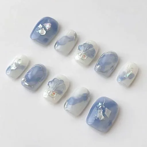 LEMIVIBE·「海ノ風」ネイルチップ ショート 短め 青 水色 100%ハンドメイド 貼るだけネイル つけづめ つけ爪 春 人気 可愛い 韓国 ジェルネイル ネイルシール セルフネイル ネイルステッカー…