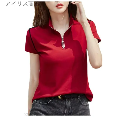 Tシャツ スリム トップス レディース 夏 半袖 大きいサイズ カジュアル ハーフジップ スポーツ ファッション 無地 襟付き 綿