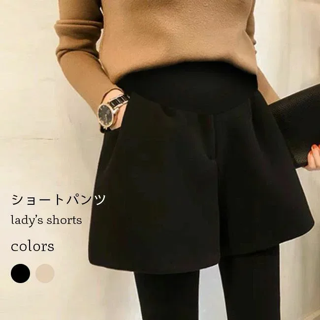 秋冬 マタニティウェア アジャスター付き ショートパンツ ボトムス リラックス 妊婦 レディース 短パン 厚手 マタニティショートパンツ