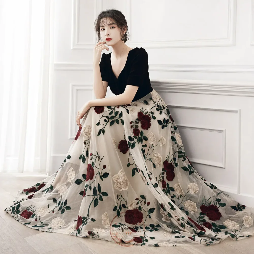イブニングドレス 黒 ベロア ベルベット 刺繍 花柄 オシャレ キレイめ ドッキング チュール ロングドレス ワイン赤 パフスリーブ 発表会ドレス パーティードレス Aライン ショート丈 ミモレ丈 ロング丈 半袖 7分袖 4タイプ 成人式ドレス 結婚式 二次会 お呼ばれ 送料無料