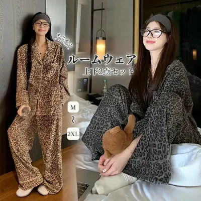 パジャマ レディース 上下2点セット 長袖 ロングパンツ ヒョウ柄 もこもこ 防寒 あったか ルームウェア 部屋着 寝巻き 前開き ゆったり ナイトウェア 秋 冬 M L XL 2XL