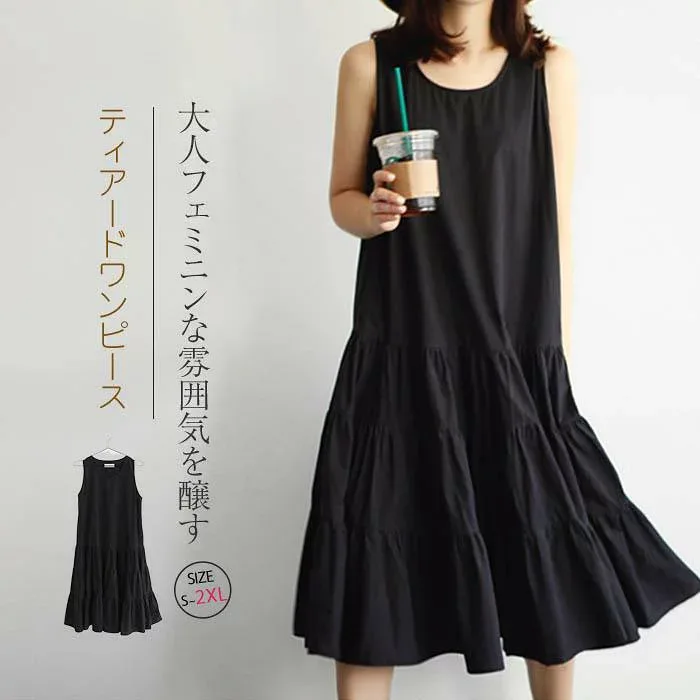 ノースリーブワンピース aライン ワンピース レディース ロングワンピース ティアードワンピース ノースリーブ ミモレ丈 ドッキングワンピース タンクトップワンピース タンク
