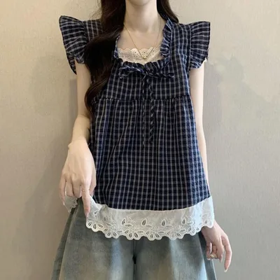 トップス ブラウス レディース きれいめ カジュアル 大人可愛い 春 秋 夏 ノースリーブ 半袖 チェック フリル レース ドッキング レイヤード風 ベージュ ブルー 青 20代 30代 40代 50代 M L XL 2XL 3XL 4XL