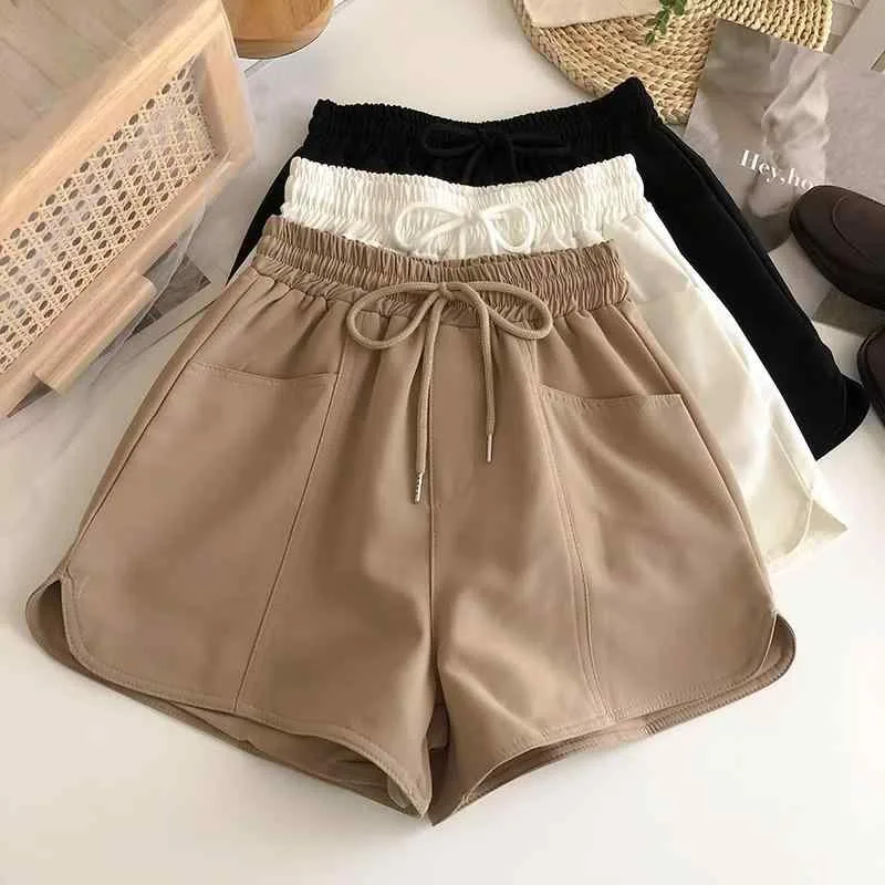 Women's shorts, spring/summer, commuting style, temperament, high waist, wide legs, cotton blend, 95% polyester, moisture wicking, quick drying, lightweight, elastic, black white, khaki, everyday use, business casual, switching design, drawstring belt, half length, rough tie