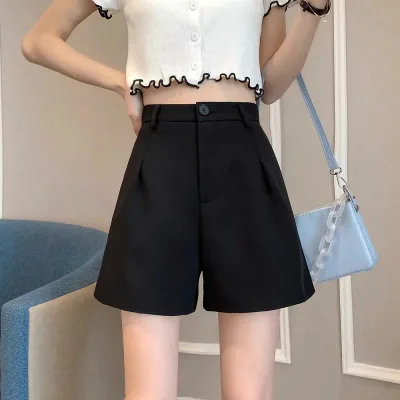レディース 夏 ショートパンツ ブラック ポリエステル ハイウエスト Aライン ワイドレッグ クールビズ 女性用 膝上丈 ミッドウェイト 微弾性 快適 スリムライン 黒 杏色 デイリー 韓国風 ゆったり 吸湿速乾 軽量 通勤 普段使い カジュアル ビッグ