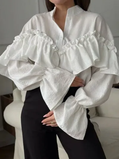 春夏 女性用 シャツ トップス 気質 優雅 花辺 レイヤー 装飾 ゆったり 長袖 上衣 綿 純色 Vネック 切り替え 荷叶辺 ストリート 欧米風 ホワイト 軽量 伸縮性 吸湿速乾 ビッグシルエット 普段使い 通勤用