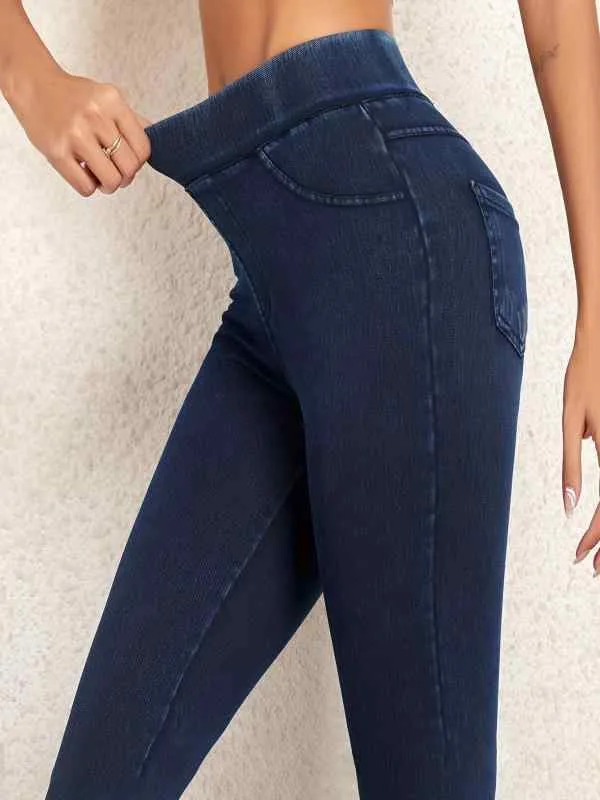 レディース ヨガパンツ デニム風 フィットネス ヒップアップ ハイウエスト スリム 伸縮性 接触冷感 軽量 薄手 ポケット ブラック ネイビー ライトブルー 普段使い 通勤用 部屋着 吸湿速乾 再生繊維 ポリエステル スパンデックス 切り替え 長ズボン