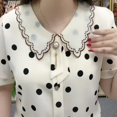 春夏 女性用 シャツ トップス 雪紡 接触冷感 再生繊維 ワイドシルエット ゆったり 短袖 袖なし ロング丈 普通丈 ラウンドネック かわいい 切り替え 花柄 ドット柄 ブラウス 私服 普段使い 軽量 通勤 通年 ピンク系 アイボリー グレー ブラック