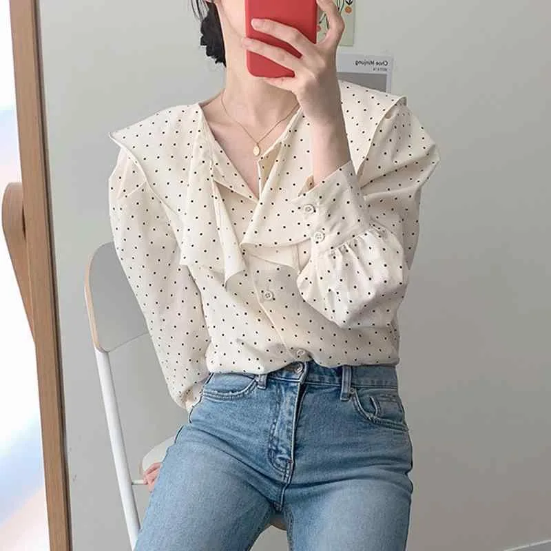 シャツ 女性用 長袖 ポルカドット デザイン 春夏 ドルマンスリーブ ワイドシルエット ラウンドネック トップス 気質 通勤 甘め スタイル 切り替え 加工 ゆったり フィット 杏色 ネイビー 綿混 素材 軽量 伸縮性 吸湿速乾 機能 普段使い カジュア