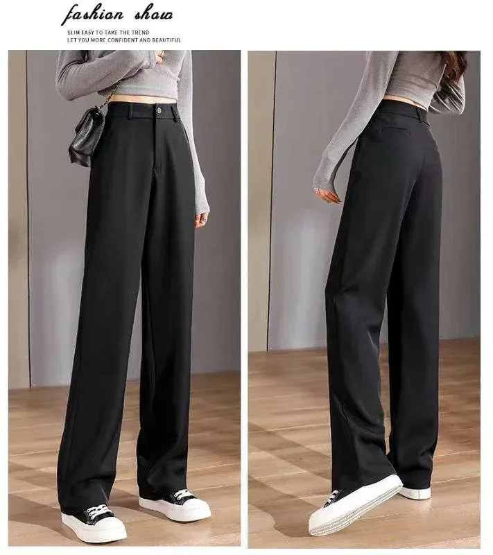 パンツ 女性用 ブラック ワイドレッグ スーツ 直筒 ハイウエスト 薄手 ポリエステル 微弾性 シンプル ジャパニーズカジュアル ロング丈 ジッパー 切り替え 春季 通勤 普段使い 軽量 伸縮性
