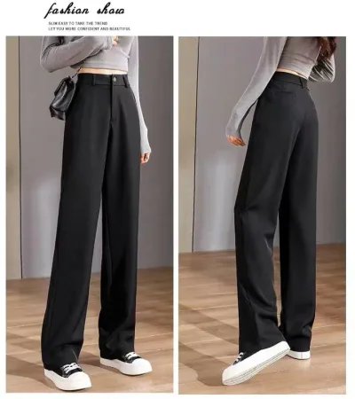 パンツ 女性用 ブラック ワイドレッグ スーツ 直筒 ハイウエスト 薄手 ポリエステル 微弾性 シンプル ジャパニーズカジュアル ロング丈 ジッパー 切り替え 春季 通勤 普段使い 軽量 伸縮性