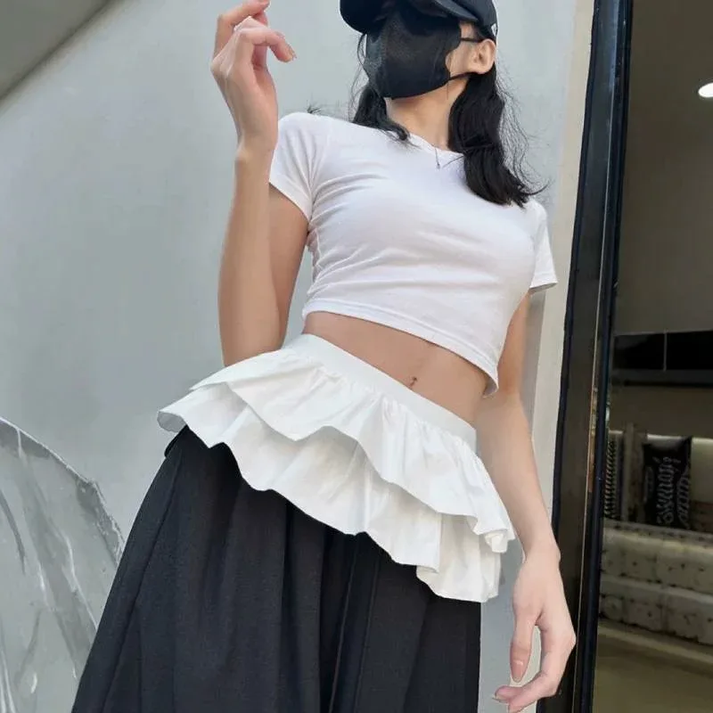 ミニスカート 女性用 春夏 白色 高腰 蓬蓬スカート 超短丈 純欲 防走光 二重構造 韓流 気質 花辺 蛋糕スカート 3D立体柄 ポリエステル 微弾性 街頭カジュアル 切り替え 軽量 吸湿速乾 フレアシルエット フェミニン かわいい ピュア フレア