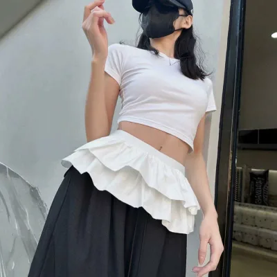 ミニスカート 女性用 春夏 白色 高腰 蓬蓬スカート 超短丈 純欲 防走光 二重構造 韓流 気質 花辺 蛋糕スカート 3D立体柄 ポリエステル 微弾性 街頭カジュアル 切り替え 軽量 吸湿速乾 フレアシルエット フェミニン かわいい ピュア フレア