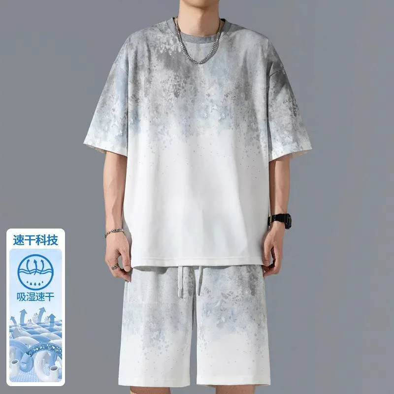 メンズ スポーツウェア セット 速乾 薄手 Tシャツ ショートパンツ 5分袖 夏 男性用 青少年 休闲 灰 緑 ピンク 紫 日常 ポリエステル 化繊 涼しい 軽量 通気性 運動 ランニング ジム アクティブ