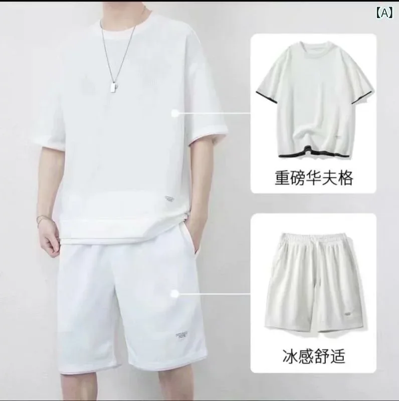 メンズ セットアップ 夏季 短袖 Tシャツ ショートパンツ 速乾 薄手 涼しい ポリエステル 白色 黒 紺 日常 休闲 運動 韓国風 18-24歳 青春 カジュアル 軽量 通気性 ビーチ 屋外