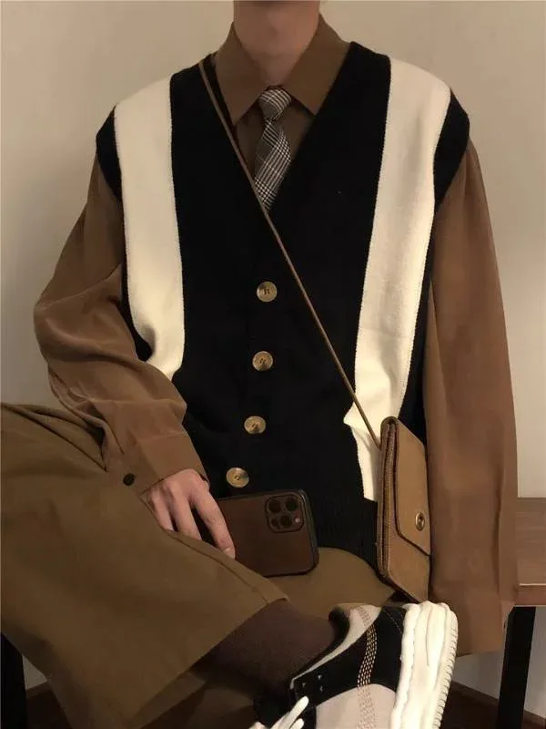メンズ 春秋 ニットベスト Vネック 無地