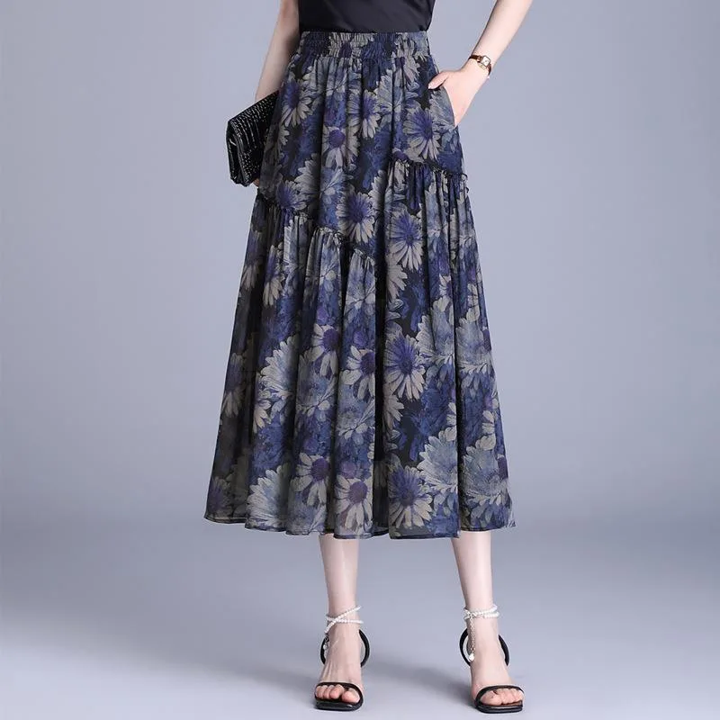 スカート レディース ロング シフォン フレアスカート ハイウエスト Aライン ポケット付き 花柄 おしゃれ 普段使い お出かけ 涼しい 春夏