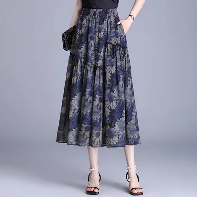 スカート レディース ロング シフォン フレアスカート ハイウエスト Aライン ポケット付き 花柄 おしゃれ 普段使い お出かけ 涼しい 春夏