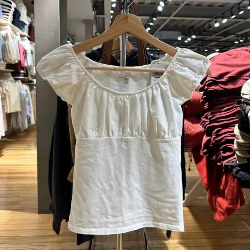 Tシャツ レディース 半袖 パフスリーブ トップス ウエスト絞り ギャザー 修身 スリムフィット 無地 カジュアル 大人かわいい きれいめ シンプル 着痩せ 通学 通勤 春夏