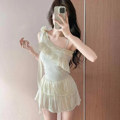 Women's one-piece swimsuit, body cover, ruffles, flat angle, all-in-one, for hot springs, cute, stylish, slimming, solid color