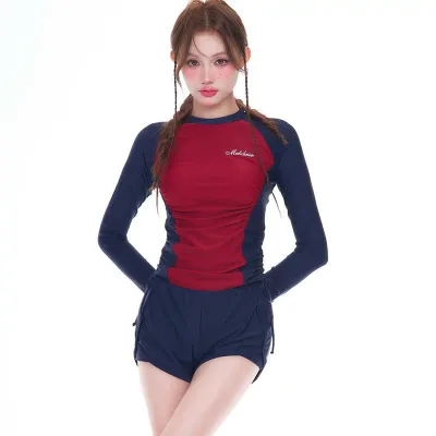 水着 レディース 長袖 セパレート ボクサーパンツ型 スポーツ UVカット 温泉用 日本スタイル シンプル 露出控えめ 体型カバー 伸縮性 ビーチ リゾート アウトドア 快適 動きやすい 紫外線対策 日焼け防止