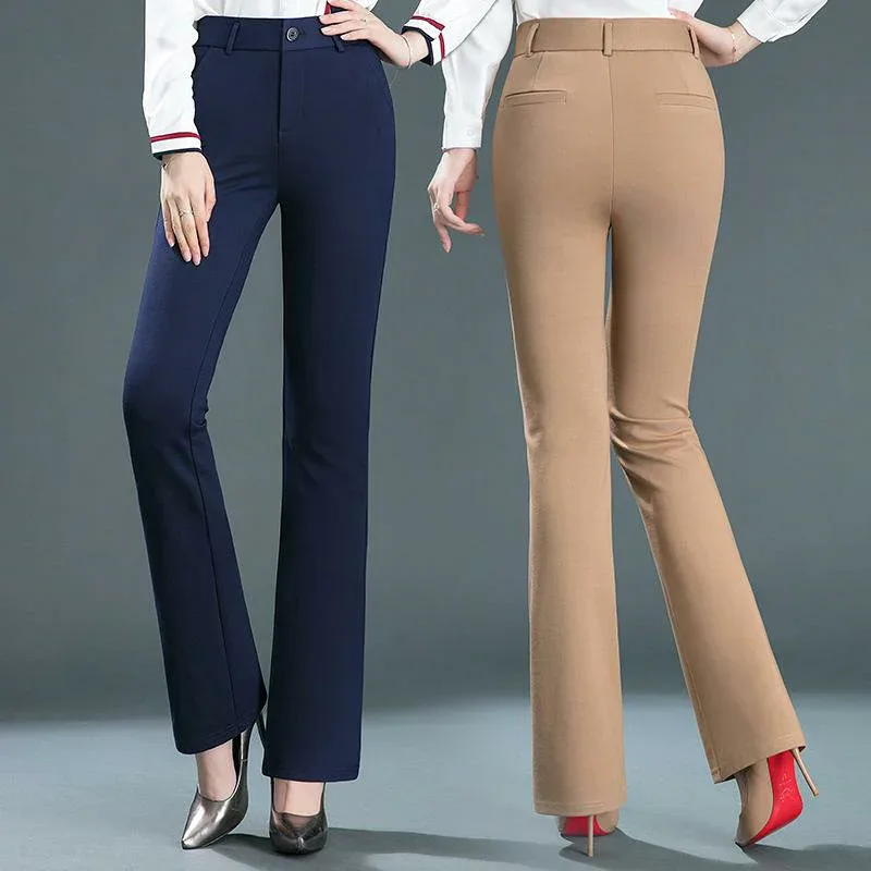 ロングパンツ レディース 春秋 ハイウエスト ストレッチ 微フレア 伸縮性 大きいサイズ ぽっちゃり 体系カバー ニット 美脚 ズボン カジュアル ボトムス