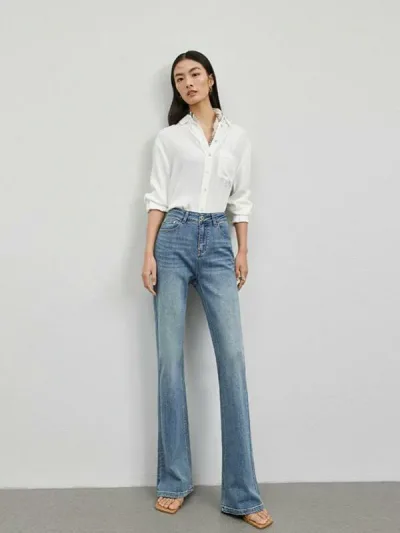 デニムパンツ レディース ライトブルー ハイウエスト フレア スリム 伸縮性 フィット感 美脚 フランス風 ヴィンテージ風 ストリート系