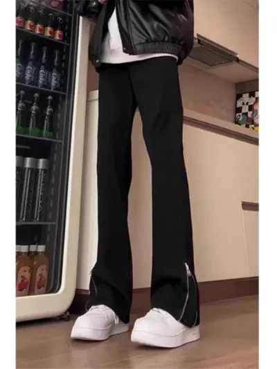 デニムパンツ メンズ ワイド ワークパンツ アメリカン ハイストリート 裾スリット サイドジッパー ベルボトム フレア カジュアル ルーズ フィット ゆったり ヴィンテージ風 普段着