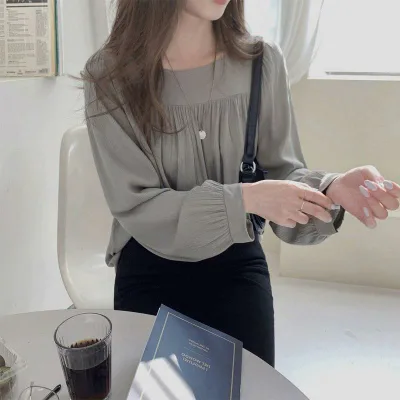 トップス レディース ブラウス 長袖 春夏 ゆったり スクエアネック 無地 シフォン シャツ シンプル きれいめ オフィスカジュアル 上品 透け感 体型カバー おしゃれ