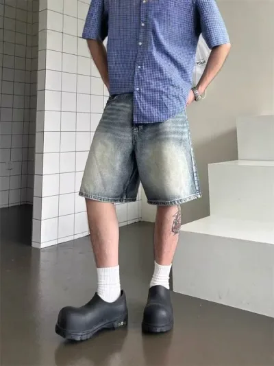 ショートパンツ メンズ デニム パンツ 五分丈 ヴィンテージ風 ウォッシュ加工 ストリート系 パンツ ボトムス ゆったり ワイド ストレート カジュアル 普段着 オールシーズン