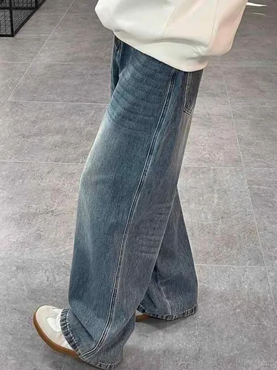 デニムパンツ メンズ ワイドパンツ ルーズフィット レトロ ウォッシュ加工 コットン ストレート ロングパンツ ボトムス 春 秋 カジュアル 通学 デート ブルー 青 10代 20代