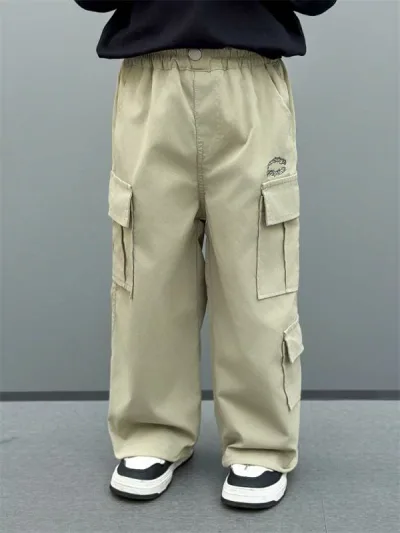 キッズ ワークパンツ 男の子 カーゴパンツ 綿 ロングパンツ 長ズボン 春 秋 ボトムス 子供服 カジュアル 動きやすい ウエストゴム ブラック カーキ 100 110 120 130 140 おしゃれ 通学 通園