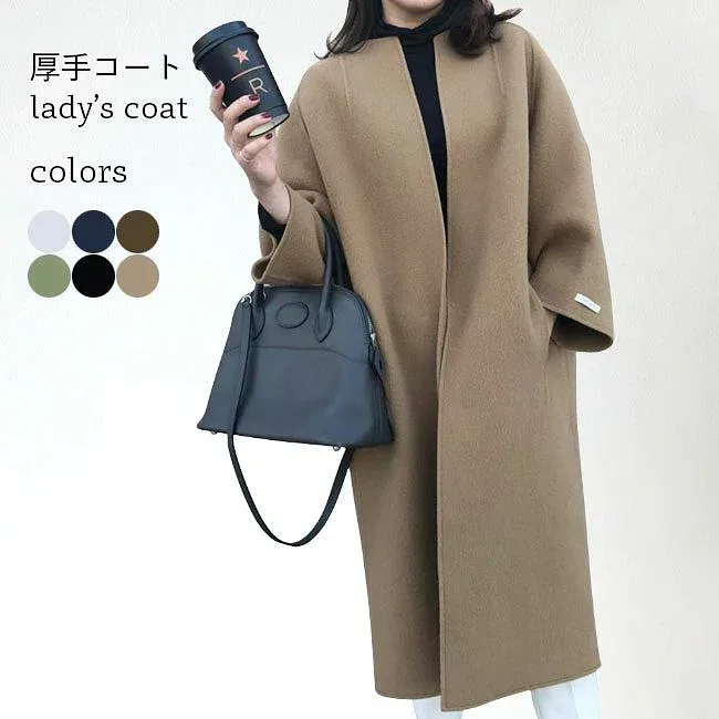 【送料無料】ロングコート 厚手 レディース ノーカラーコート チェスターコート ゆったり コート 体型カバー ラシャコート 通勤 秋冬 アウター ダッフルコート 大人 冬コート 秋コート ブラック ブラウン ネイビー