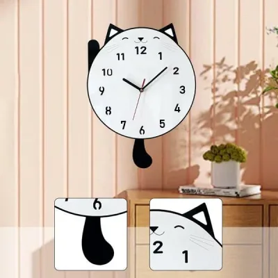猫の壁掛け時計 かわいい おしゃれ 壁飾り ダイニングルーム 子供部屋 オフィス用 ホワイト