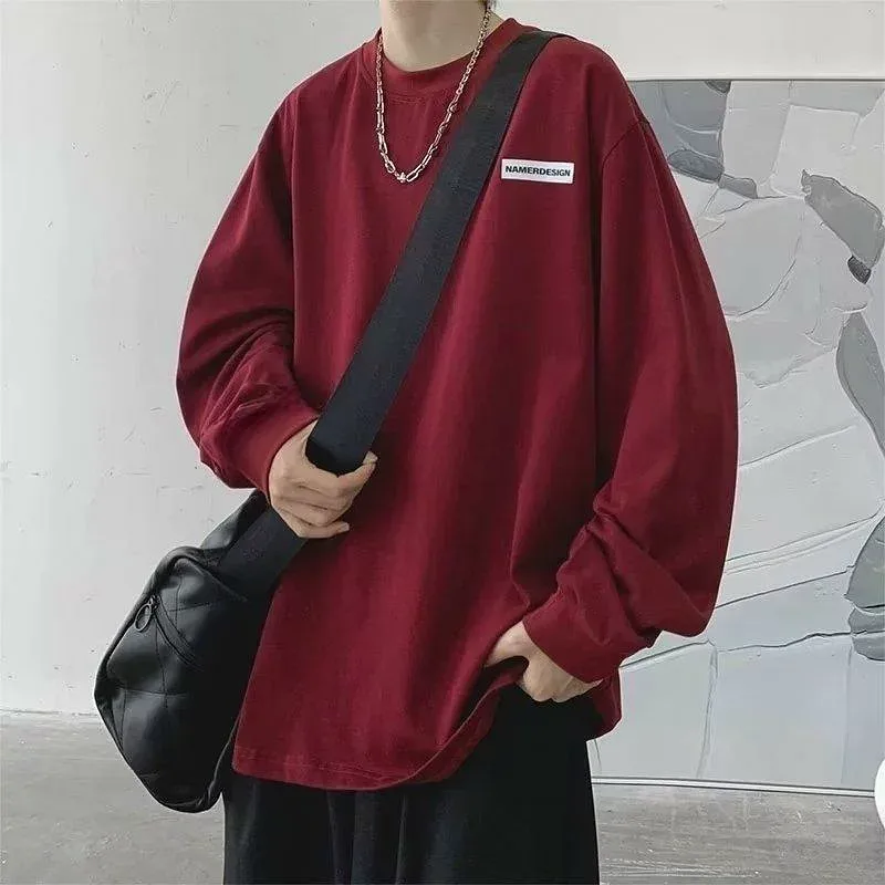Tシャツ メンズ 長袖 アメリカン レトロ スウェット プルオーバー トップス 秋冬 ポリエステル プリント 薄手 ゆったり 大きいサイズ ワインレッド 白 黒