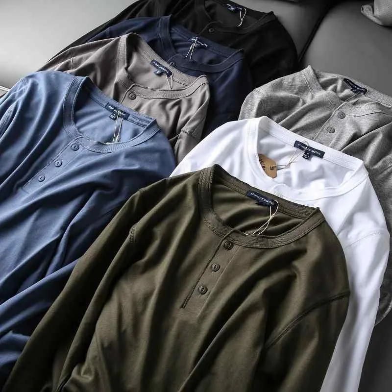 Tシャツ メンズ 男性用 ヘンリーネック 長袖 コットン トップス カットソー プルオーバー ゆったり 春物 花灰 白 紺 黒 デニムブルー アーミーグリーン ダークグレー
