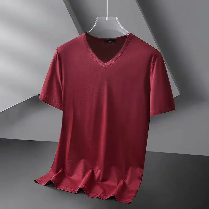 Men's T-shirt, Short Sleeve, Modal, Cool to the Touch, V-Neck, Cut and Sewn Top, Thin, Slim, Plain, Spring/Summer, Black, White, Blue, Red, Gray, Large Size