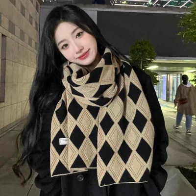 マフラー レディース メンズ 秋冬 厚手 ニット 菱形 格子柄 ストール 男女兼用 保温 ブラック系 カーキ系(x2)