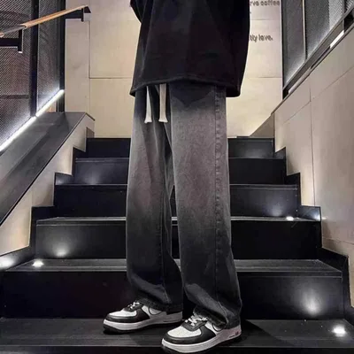 ジーンズ メンズ グラデーションカラー デニムパンツ ストレート ゆったり レトロ ウォッシュ加工 黒グレー ライトブルー 春夏 秋冬