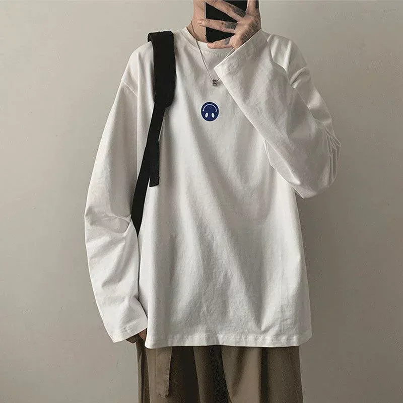 Tシャツ メンズ 男性用 長袖 ルーズフィット ラウンドネック プリント柄 秋冬 トップス 普段着 部屋着 ブラック ブルー ホワイト
