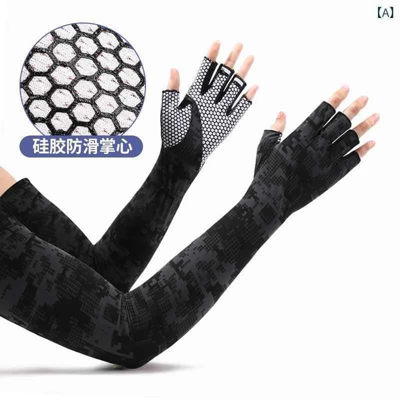 アームカバー 男性用 接触冷感 日焼け防止 手袋 紫外線対策 滑り止め 速乾 釣り ドライブ バイク 黒 グレー 迷彩柄 春夏