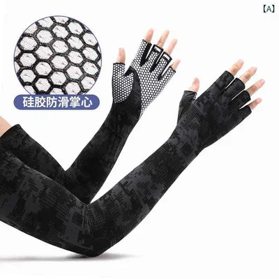 アームカバー 男性用 接触冷感 日焼け防止 手袋 紫外線対策 滑り止め 速乾 釣り ドライブ バイク 黒 グレー 迷彩柄 春夏