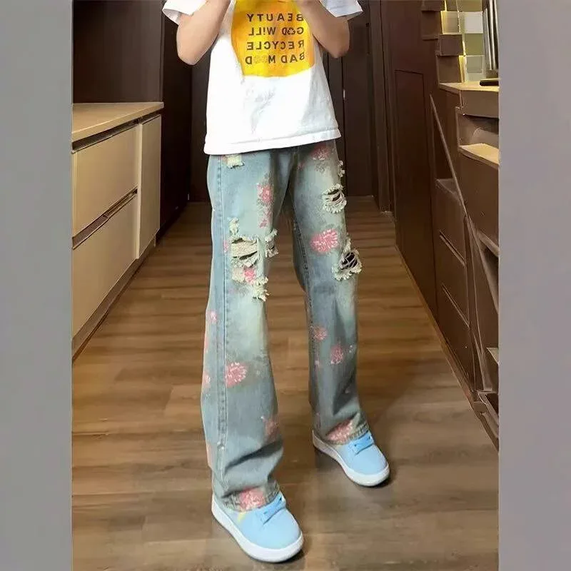 デニム メンズ ローズ柄 ダメージ加工 ジーンズ アメカジ ストリート 裾広がり ストレート ジーパン パンツ ボトムス ウォッシュ加工 ブルー
