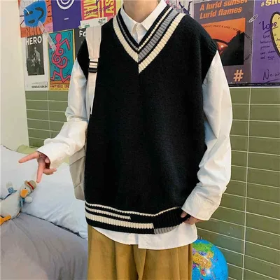 ニット ベスト 男性用 春秋 Vネック セーター 韓国 ゆったり トップス 配色 カジュアル