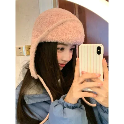 ニット帽 レディース 秋冬 羊羔毛 防寒 保温 かわいい 韓国 耳当て付き 紐付き 帽子 ベージュ ブルー レッド ピンク ブラウン