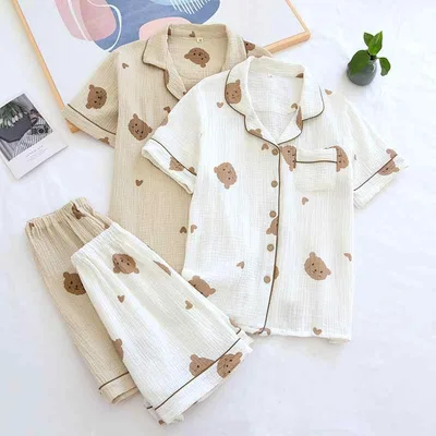 Pajamas for women, men, spring and summer, cotton, short sleeves, shorts, top and bottom set, thin, room wear, nightwear, cute, breathable, comfortable, loungewear, relaxing, beige