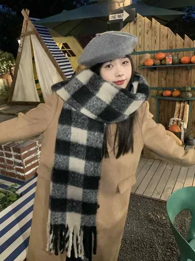 マフラー レディース 秋冬 大判 ストール 厚手 ショール あったか 韓国 格子柄 ブルー系 ピンク系 ブラック系 防寒(x2)