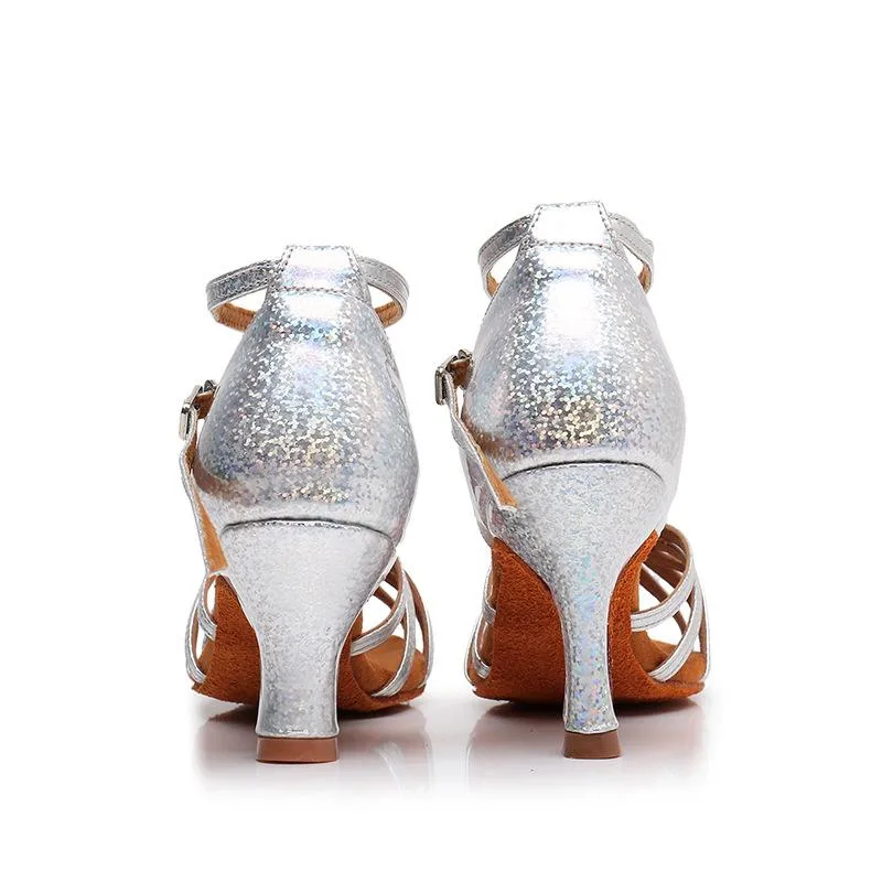 ダンスシューズ レディース ラテンダンス 練習用 靴 女性 大人 ハイヒール 5cm 7cm 社交ダンス 合成皮革 春夏秋冬 踊り 舞台 発表会 シルバー ピンク系 ブラウン
